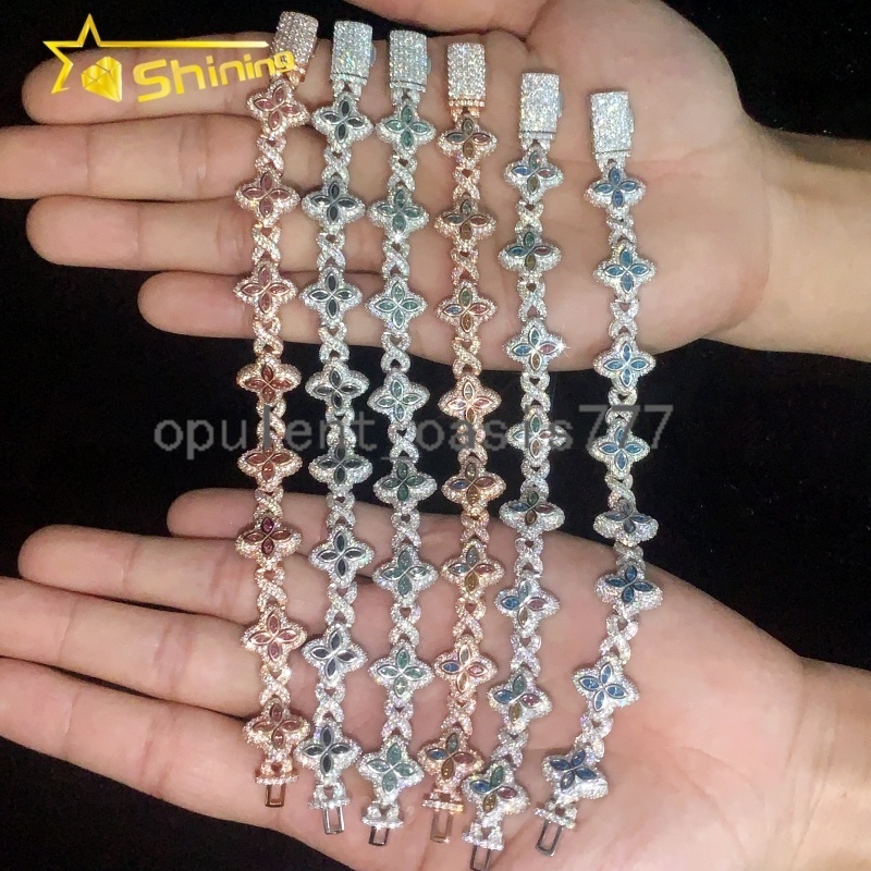 Hot Selling 15MM 925 Sterling Silver Cuban Clover Bracelets Iced Out Hip Hop Infinity Colored Moissanite Cuban Bracelet