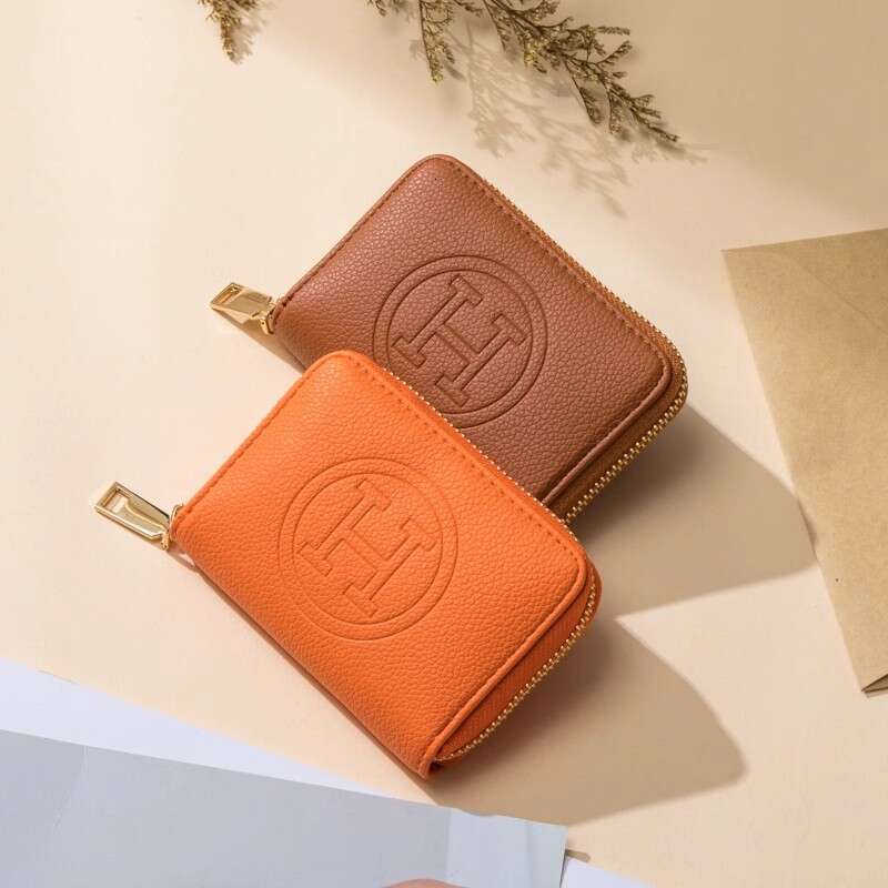 Women's Premium Leather Zip Around Wallet, Embossed H Design Card Holder with Coin Compartment, Short Bifold Purse