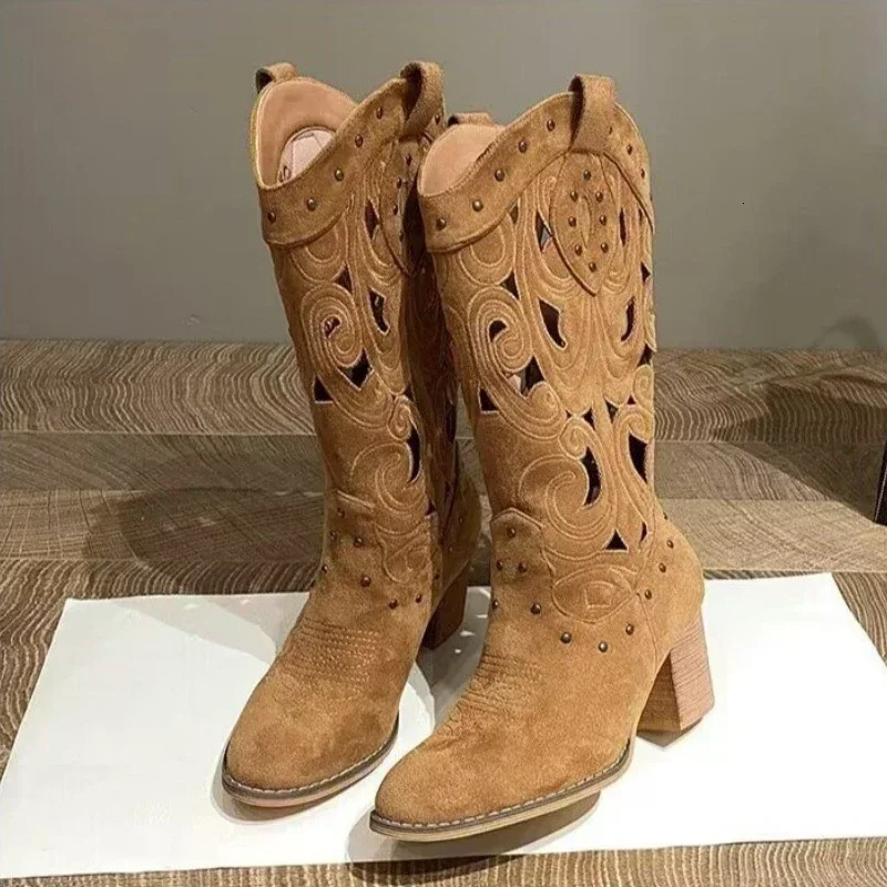 Women Mid-Calf Western Boots Heels Embroidery Hollow Cowboy Boots for Women Autumn Winter Fashion PU Leather Botas Mujer 260327
