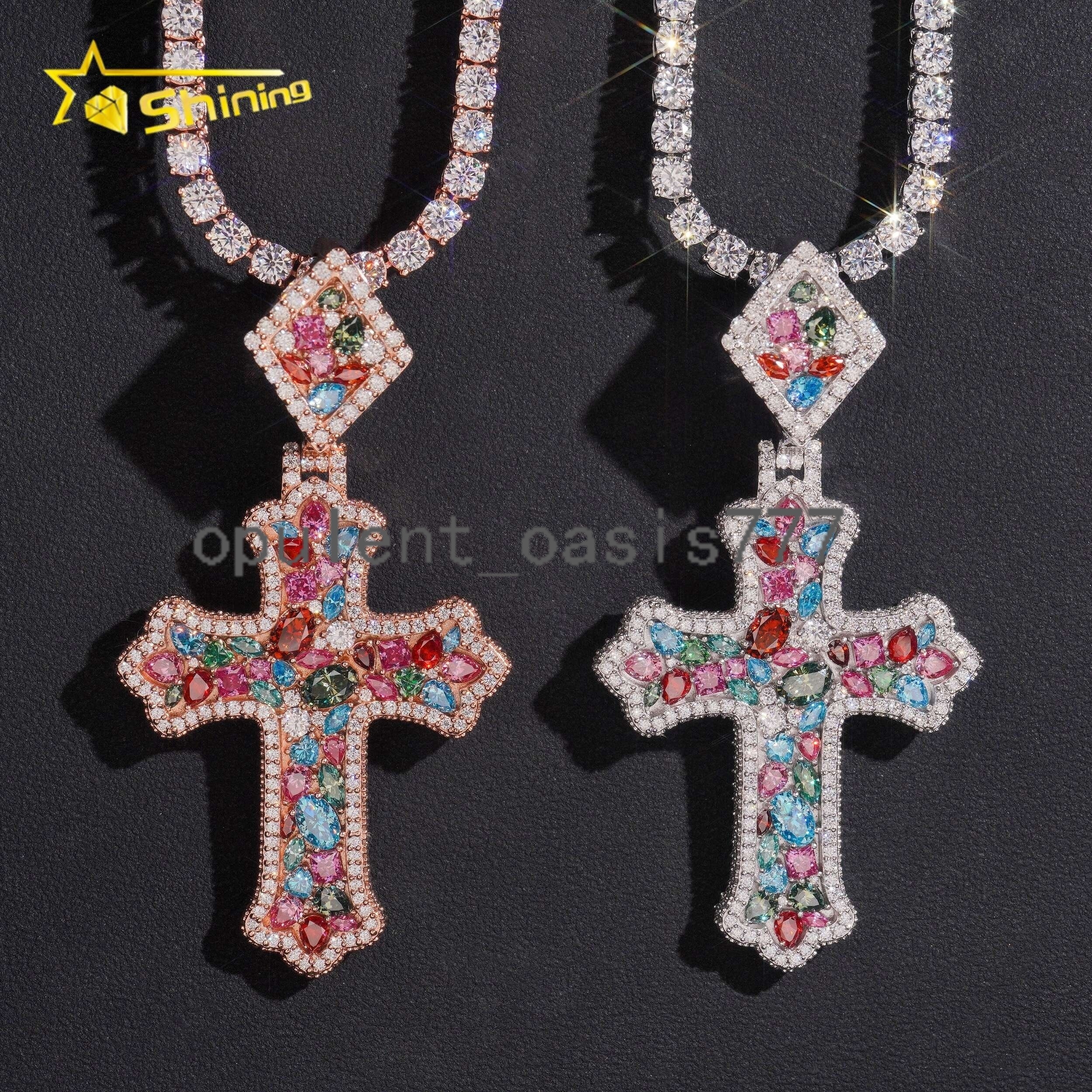 Hot Selling Hip Hop Style 925 Sterling Silver High Quality Iced Out Cross Colorful Moissanite Pendants