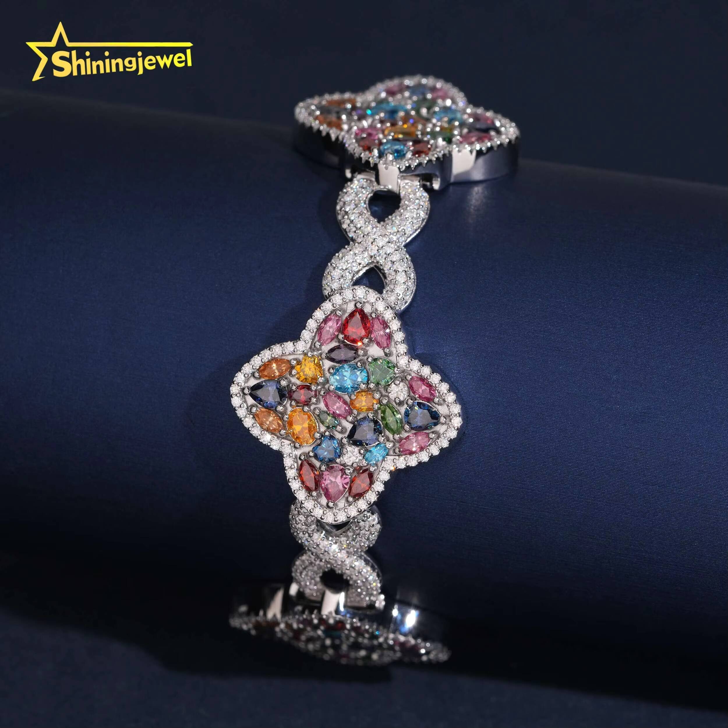 New Arrival Colored Diamond Multi Cut Hip Hop Jewlery Clover Bracelet 925 Silver Iced Out VVS Moissanite Cuban Chain Bracelet