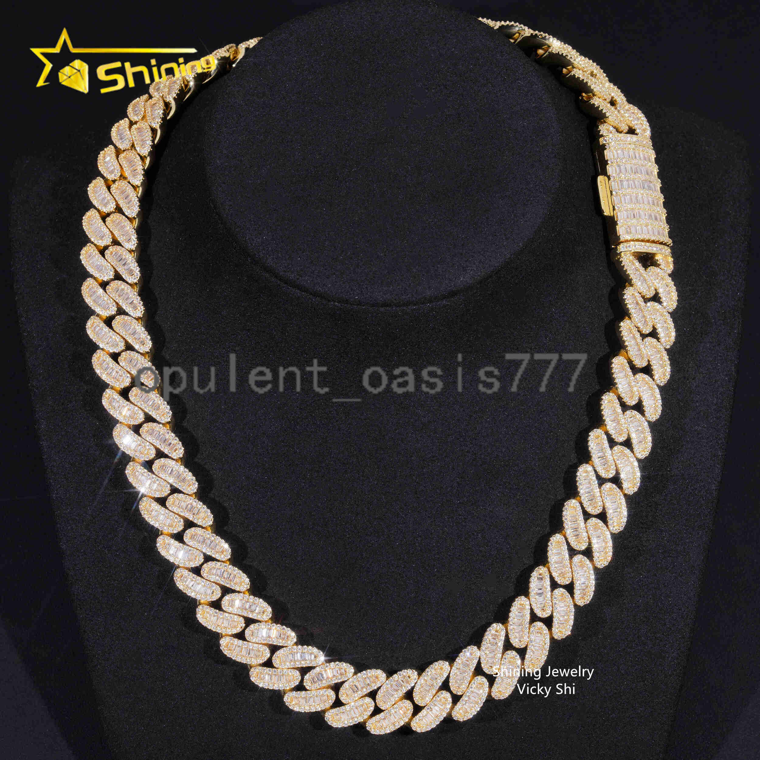 Fully Iced Out Baguette Diamond Man Hip Hop Necklace 925 Sterling Silver 16MM Width D VVS Moissanite Cuban Link Chain