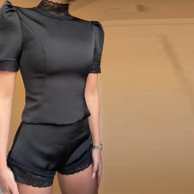 Satin Lace Edge Top Short Sets For Women High Neck Padded Shoulder Blouse Low Waist Shorts 2026 Lady Spring Summer Outfits 260326