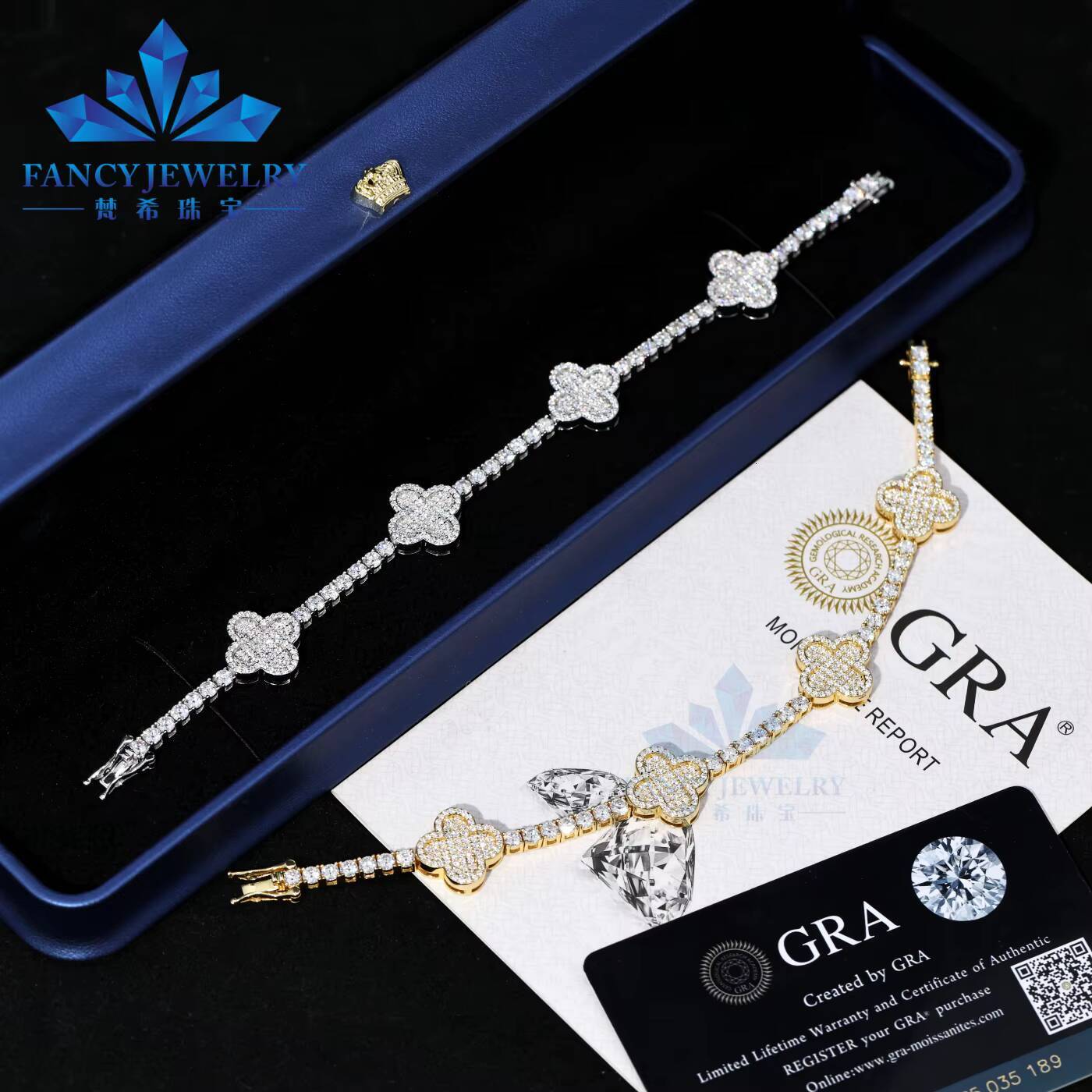 Wholesale 925 Silver Sterling Silver Fine Jewelry Girls Bracelets 15mm Vvs1 Moissanite Tennis Chain Clover Bracelet Charms