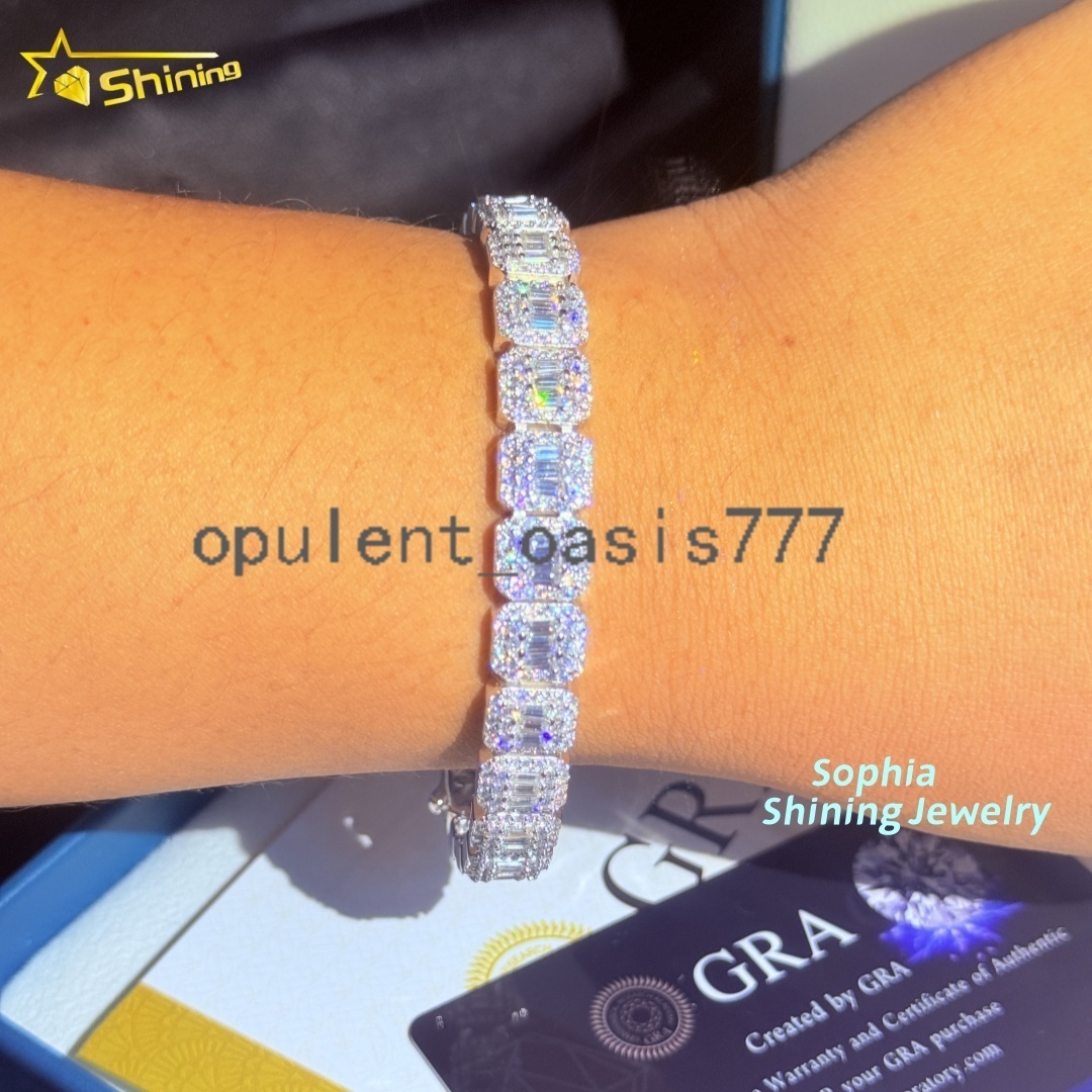 Unique Design 10mm Chain Iced Out baguette 925 Sterling Silver Hip Hop VVS Moissanite Cluster Tennis Cuban Link Chain Bracelet