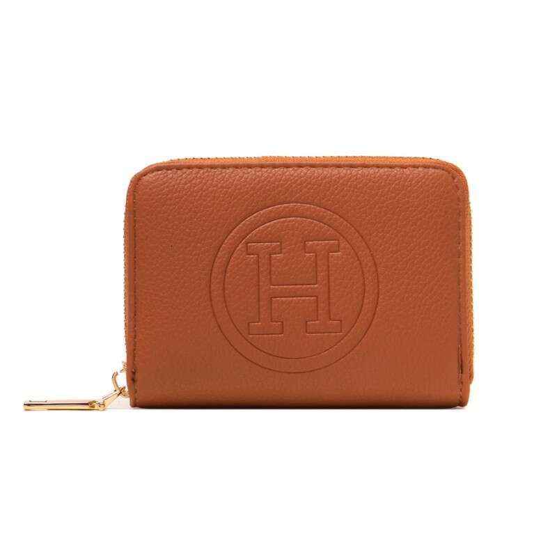 Women's Premium Leather Zip Around Wallet, Embossed H Design Card Holder with Coin Compartment, Short Bifold Purse