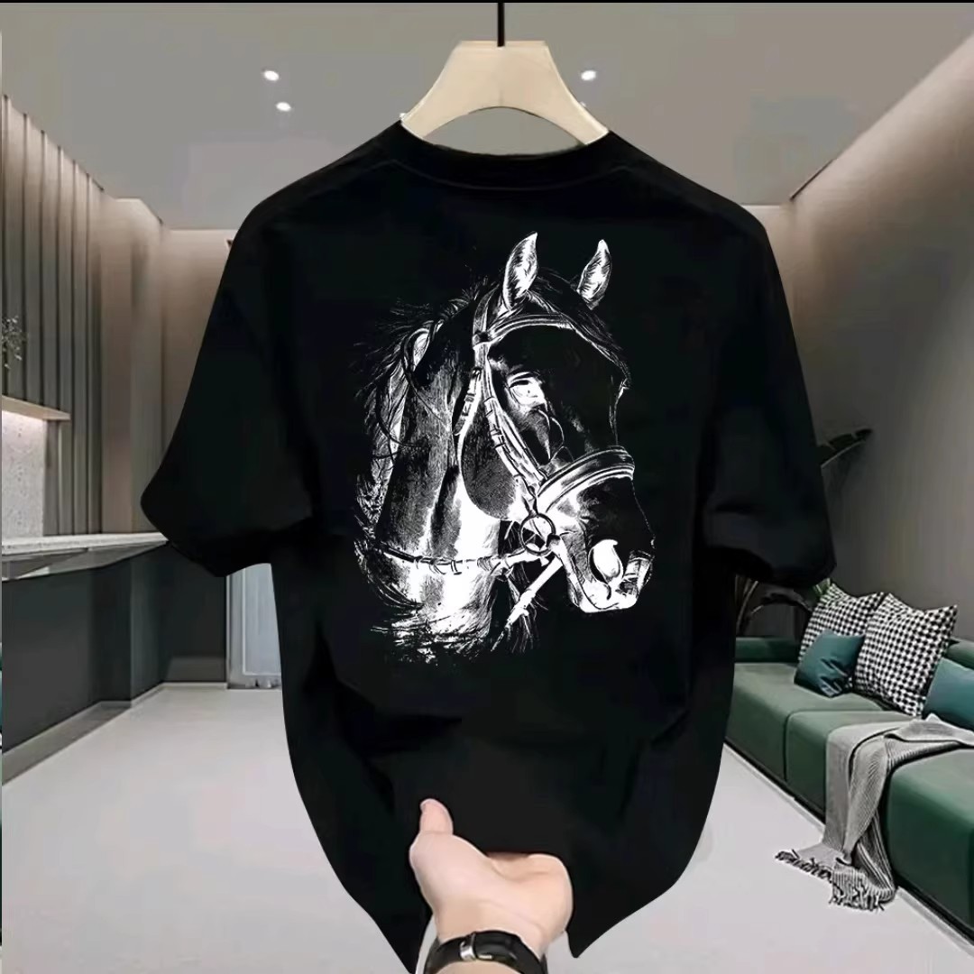 American Style Cool Heavyweight Cotton Short Sleeve T-Shirt 2026, Sketch Horse Design, Loose Versatile Trendy Tee for Teen Boys & Girls