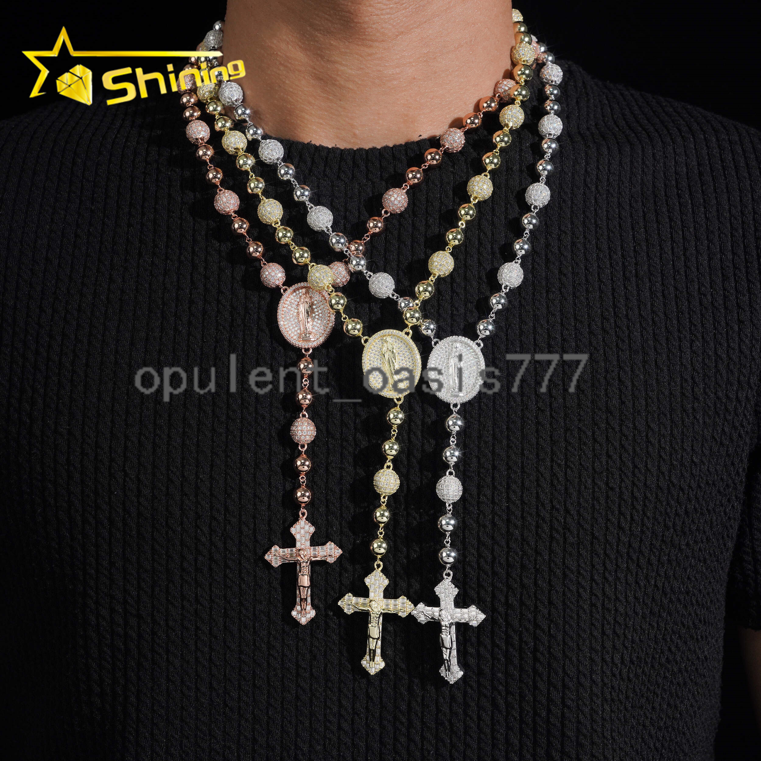 Hip Hop 925 Silver Moissanite Ball Chain Necklace with Cross Pendant Custom Iced Out Moissanite Cuban Link for Men