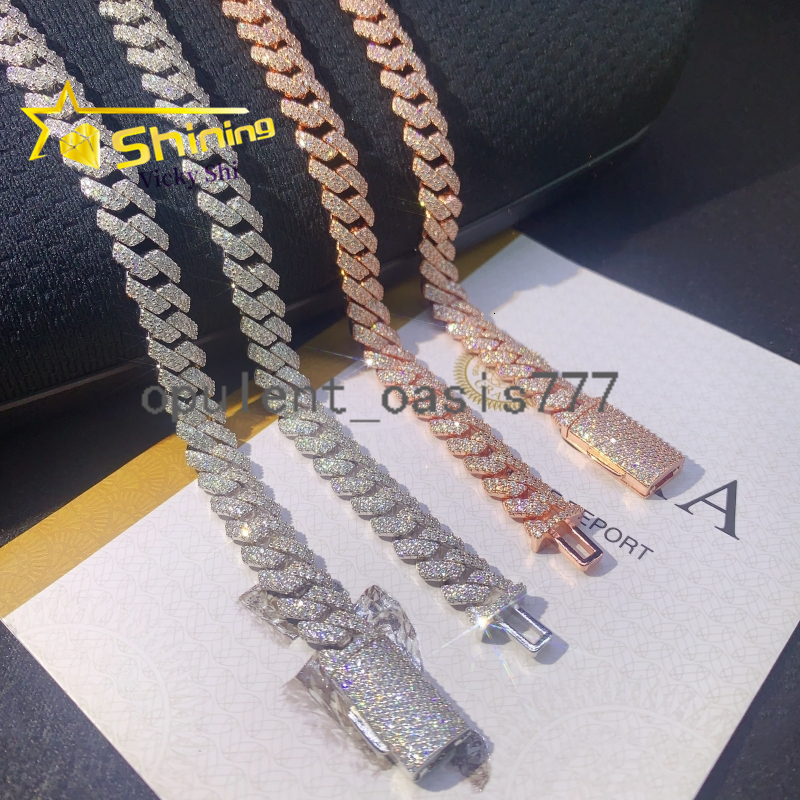 Shining Iced Out Hip Hop Cuban Chain 10MM Width 925 Sterling Silver Moissanite Cuban Link Chain Men Fine Necklace