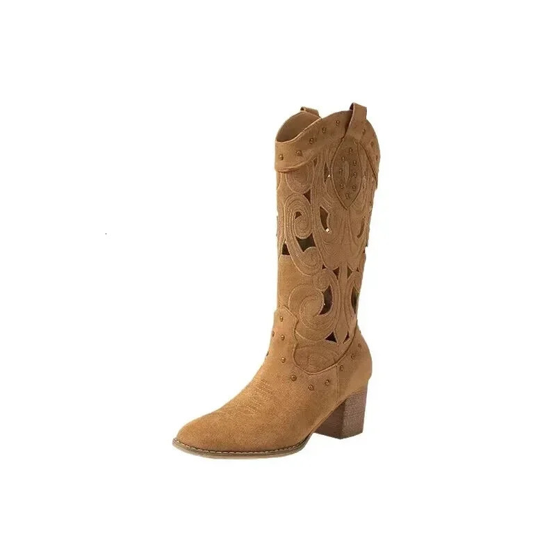 Women Mid-Calf Western Boots Heels Embroidery Hollow Cowboy Boots for Women Autumn Winter Fashion PU Leather Botas Mujer 260327