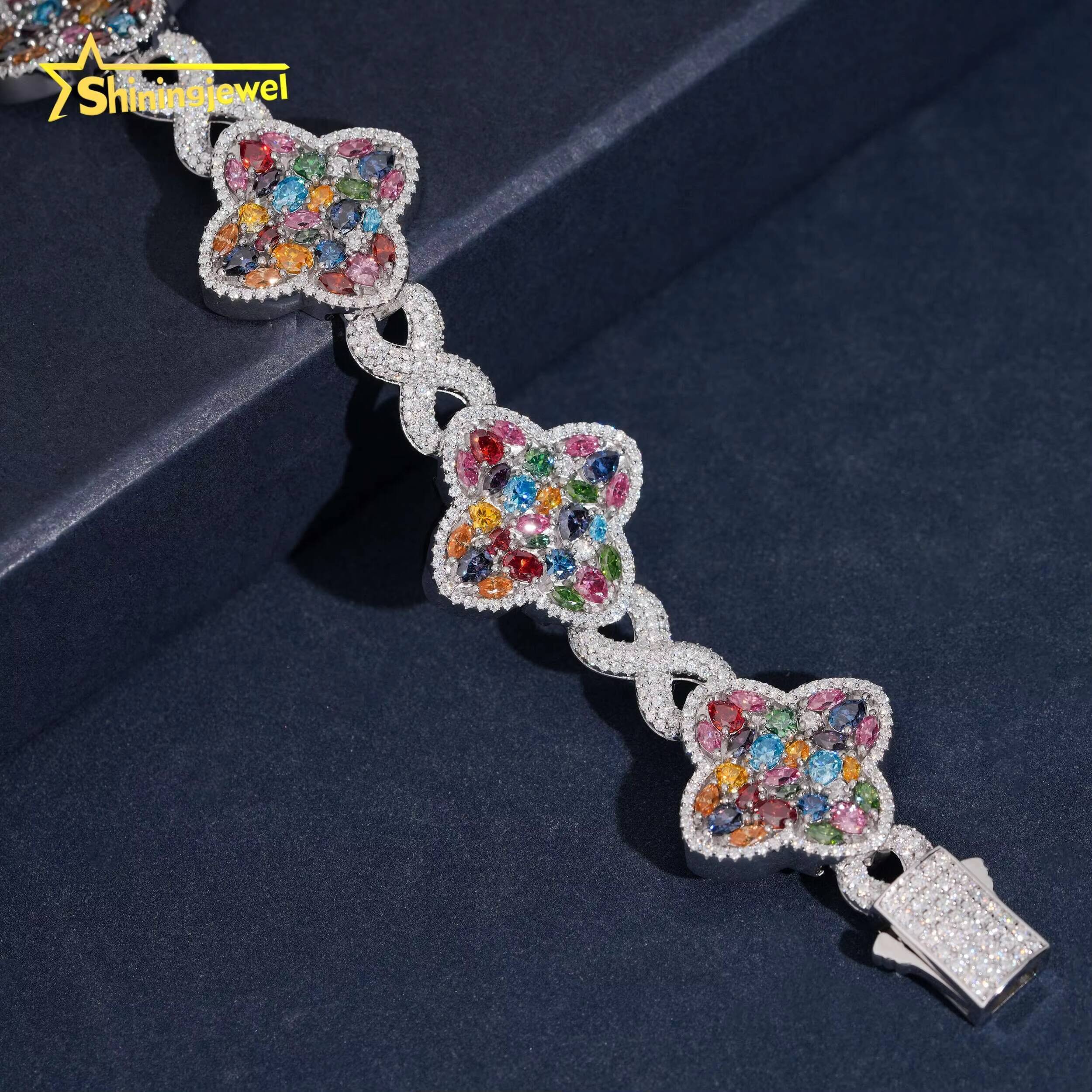 New Arrival Colored Diamond Multi Cut Hip Hop Jewlery Clover Bracelet 925 Silver Iced Out VVS Moissanite Cuban Chain Bracelet