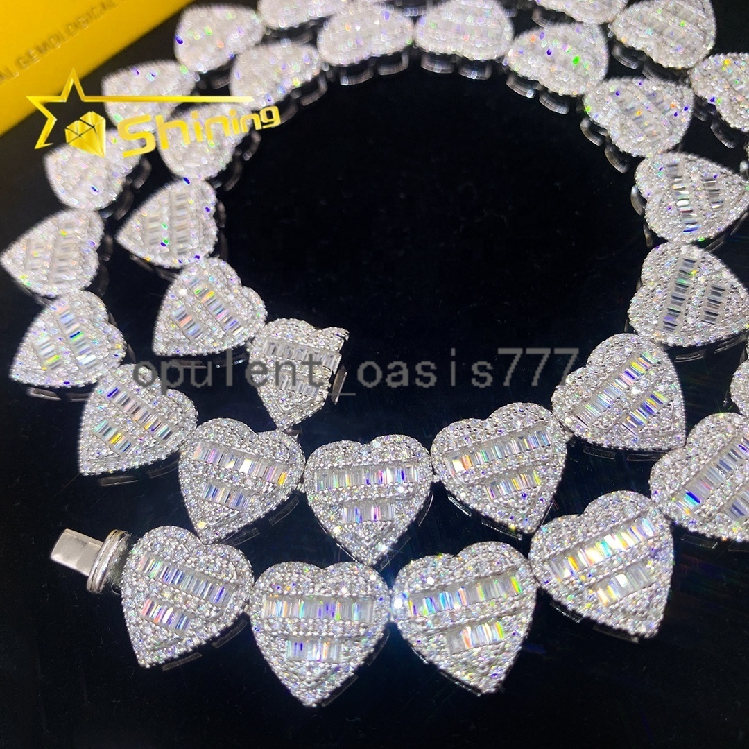 Shining Fine Jewelry 925 Silver Heart Shape Moissanite Cuban Chain Custom Hip Hop Mossanite Cuban Link Chain