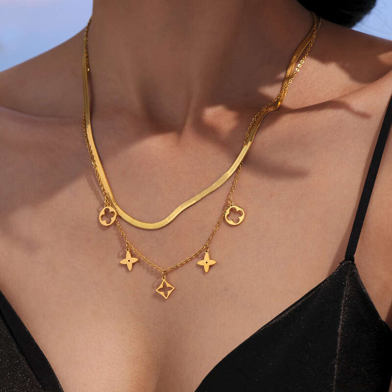 Women's Designer Necklace & Bracelet Set: Double-sided Hollow Flower Four-leaf Clover Pendant Double-layered Collarbone Chain Anklet, Daily Vinta