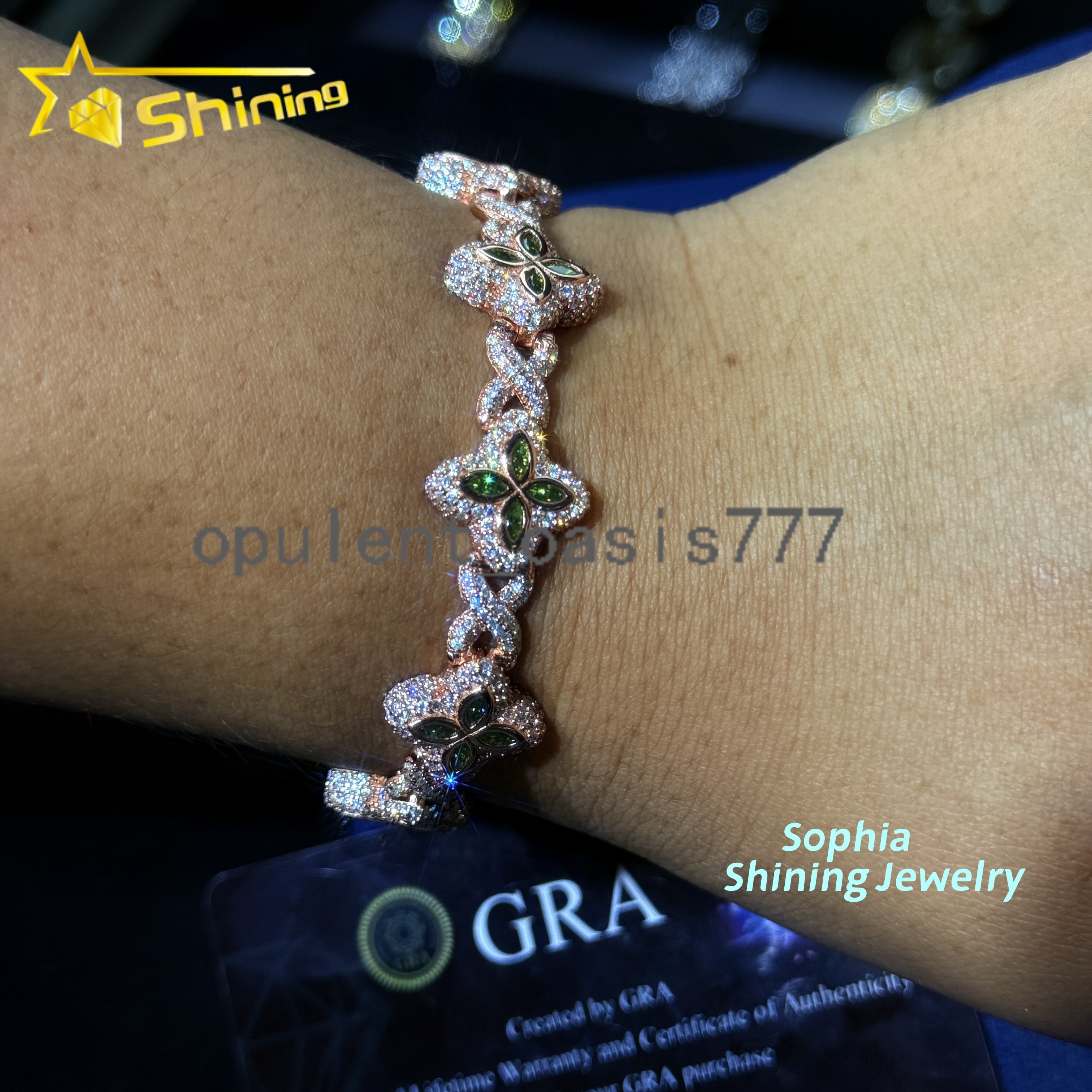 New Arrivals Fashion Jewelry 925 Sterling Silver Vvs Green Color Moissanite Diamond Four Leaf Clover Cuban Link Tennis Bracelet