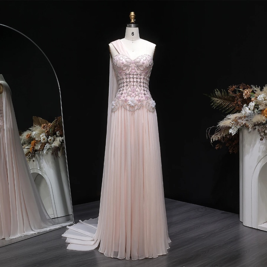 Sharon Said Elegant One Shoulder A Line Evening Dress with Cape 3D Flowers Crystal Beaded Formal Party Gowns Customized M30