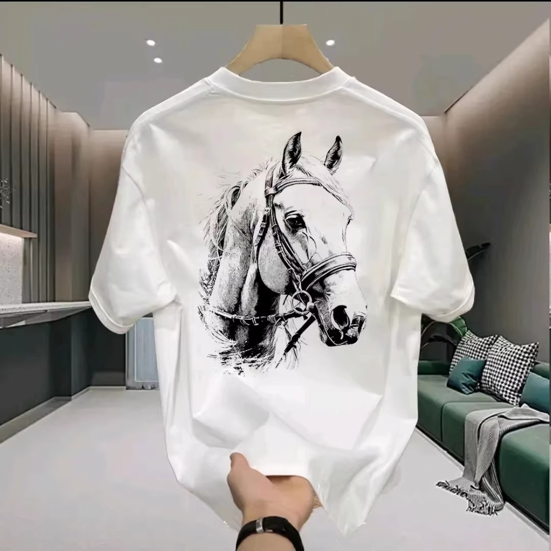 American Style Cool Heavyweight Cotton Short Sleeve T-Shirt 2026, Sketch Horse Design, Loose Versatile Trendy Tee for Teen Boys & Girls