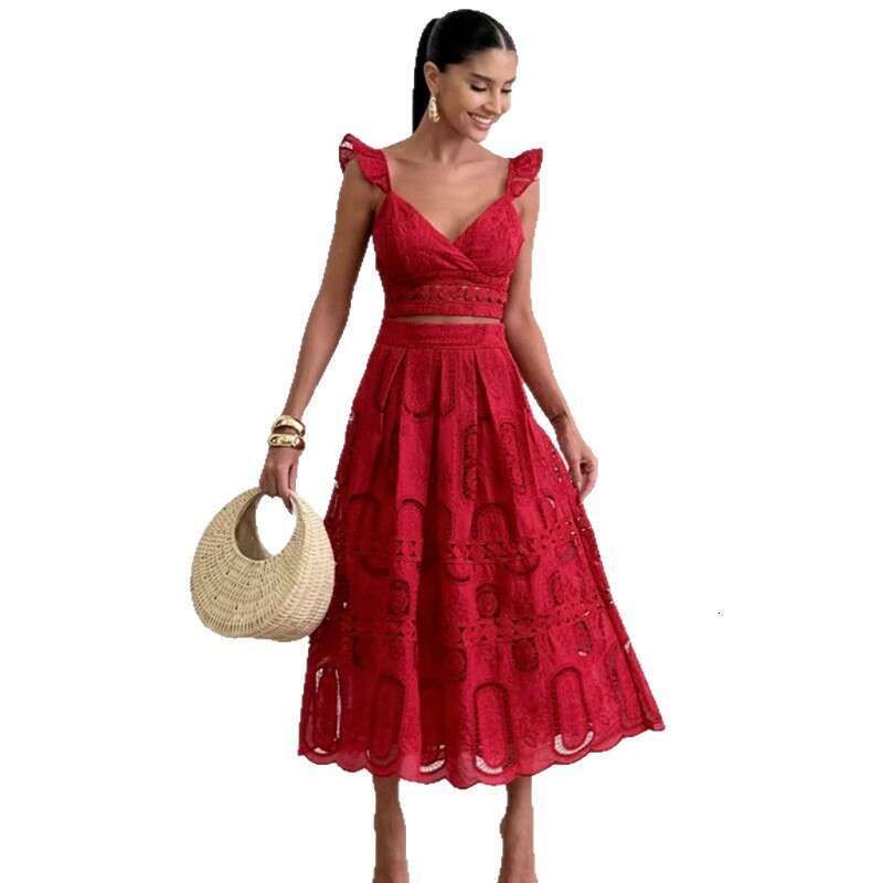 Beach vacation FC fashion casual wear 2026 new designer V-neck flowing sleeve short top+high waist k30 slim umbrella skirt