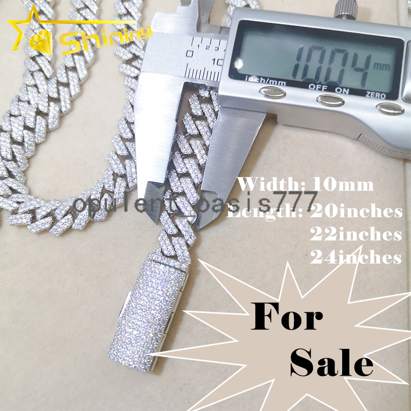 Wholesale Price Ice Out Hip Hop Men Cuban Necklace 10MM 2Rows 925 Sterling Silver Moissanite Miami Cuban Link Chain