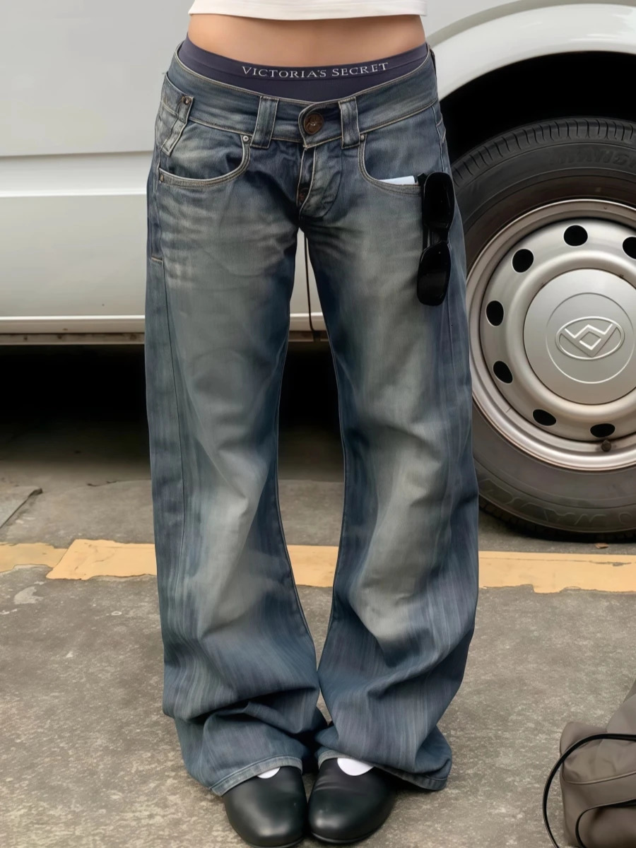 Autumn Winter Womens Low Rise Denim Pants Vintage Simple Y2K Baggy Wide Fit Jeans Harajuku Cowboy Streetwear 2000s Japanes 260327