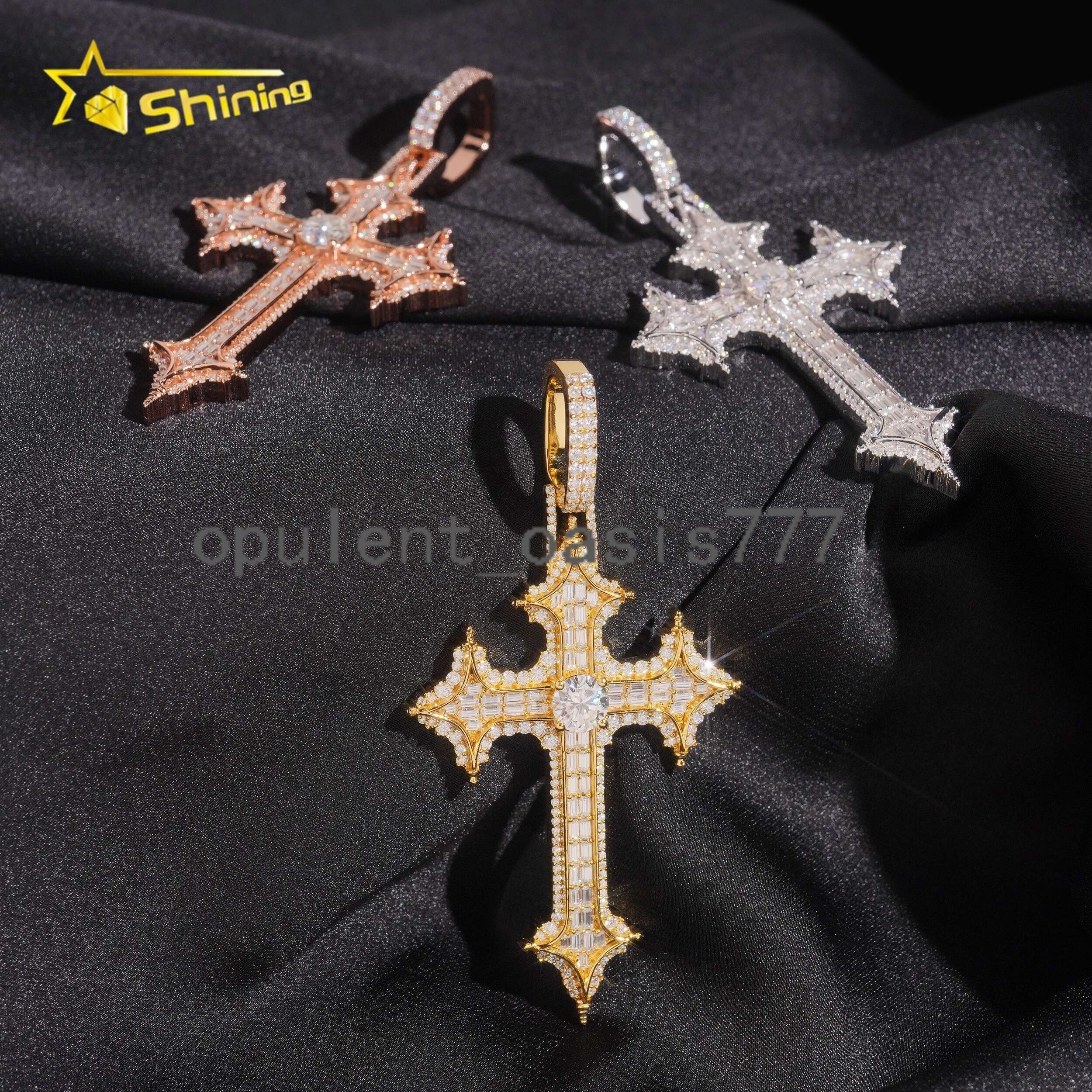 New Style Hip Hop Baguette Iced Out Pass Diamond Tester 925 Silver Cross Moissanite Pendant