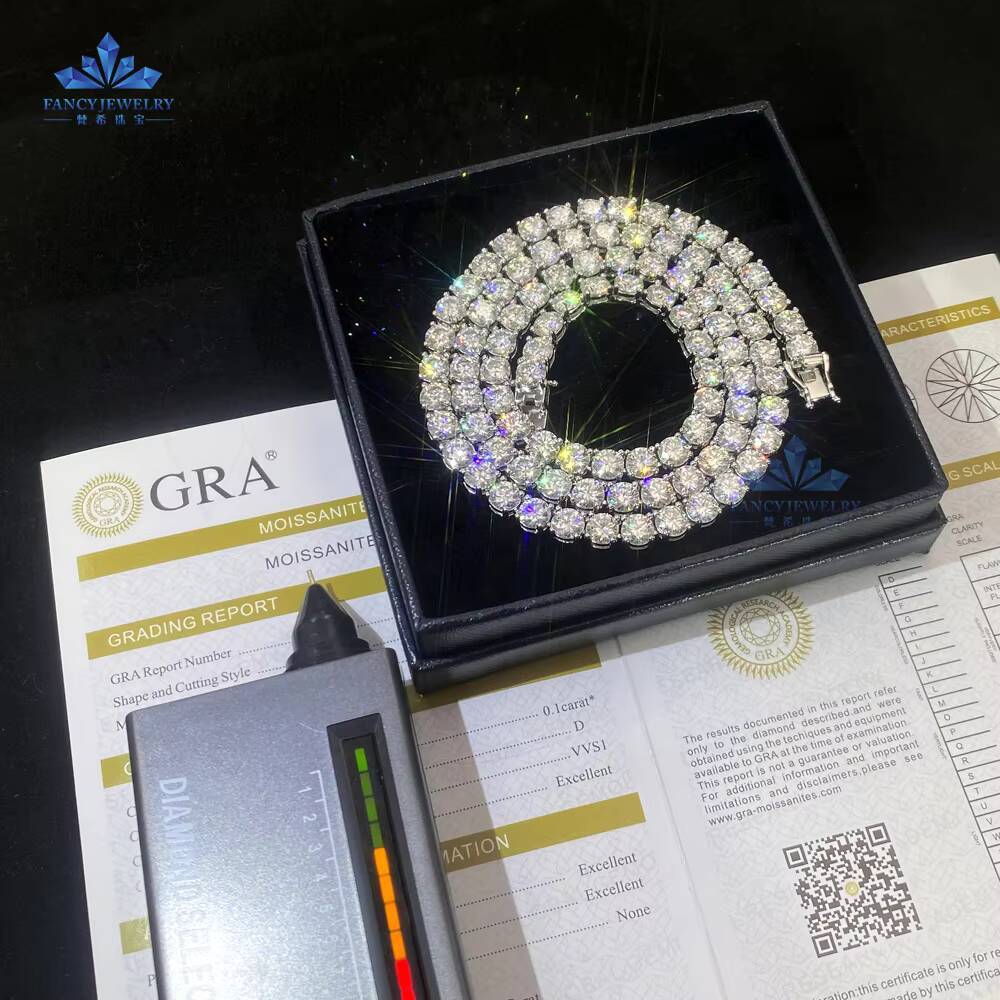 Hip Hop Jewelry 2mm 3mm 4mm Long Necklace 925S Silver VVS Moissanite Diamond Pass Diamond Tester Tennis Chain - view 6