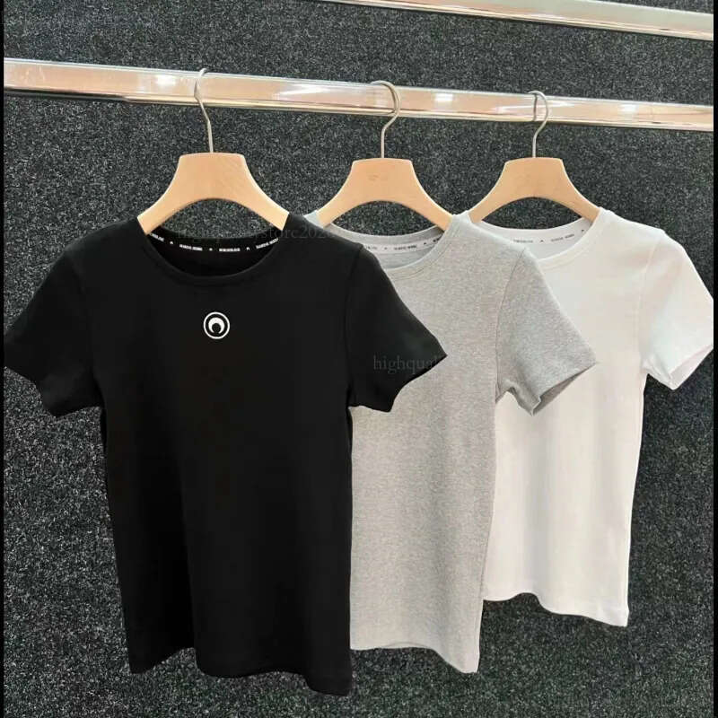 Women's Marines Sierres T-Shirt Summer Solid Color Marines Serres Round Neck Inner Moon Embroidered Short-Sleeved Moon T-Shirt 2026 Women New Style Tops 0bd