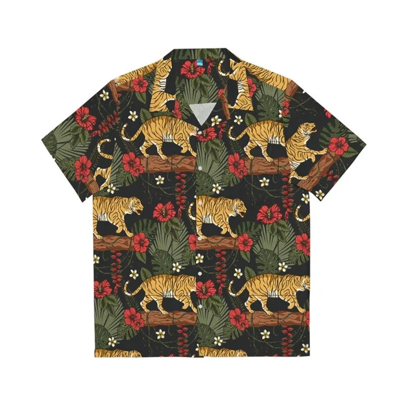 Hawaiian Beach Tiger Pattern Shirts For Men Clothing Fashion Hawaii Animal 3D Printed Short Sleeve Holiday Party Y2k Tops Blouse260317