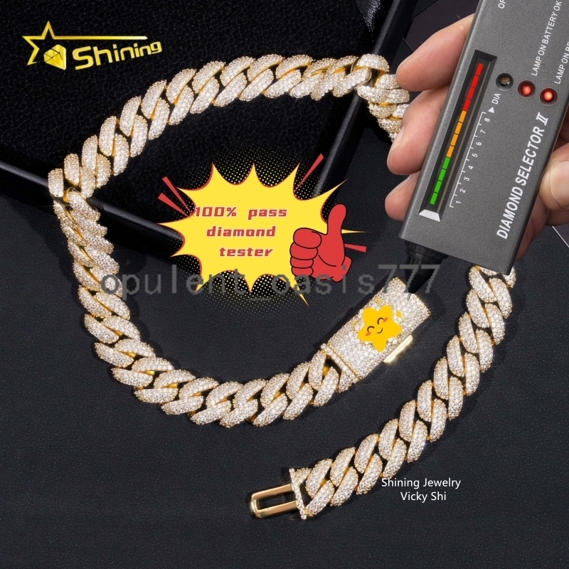 Gold Plated Pass Diamond Tester 13MM 925 Silver Iced Out Moissanite Cuban Link Chain Men Hip Hop Chain Necklace