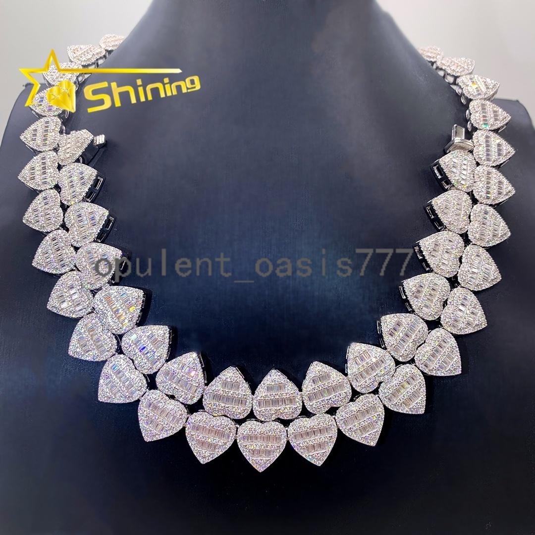 Shining Fine Jewelry 925 Silver Heart Shape Moissanite Cuban Chain Custom Hip Hop Mossanite Cuban Link Chain