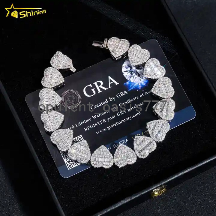 Shining Fine Jewelry 925 Silver Heart Shape Moissanite Cuban Chain Custom Hip Hop Mossanite Cuban Link Chain