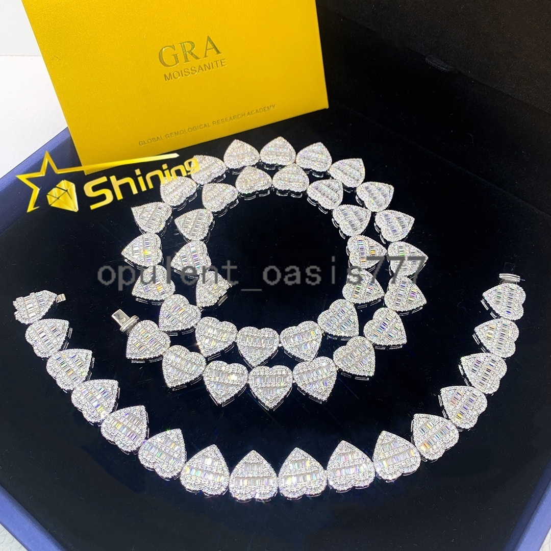 Shining Fine Jewelry 925 Silver Heart Shape Moissanite Cuban Chain Custom Hip Hop Mossanite Cuban Link Chain