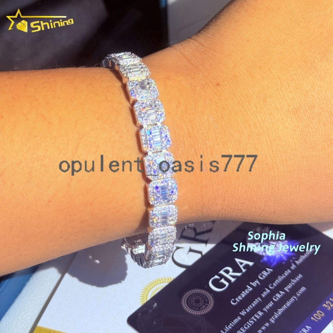 Unique Design 10mm Chain Iced Out baguette 925 Sterling Silver Hip Hop VVS Moissanite Cluster Tennis Cuban Link Chain Bracelet