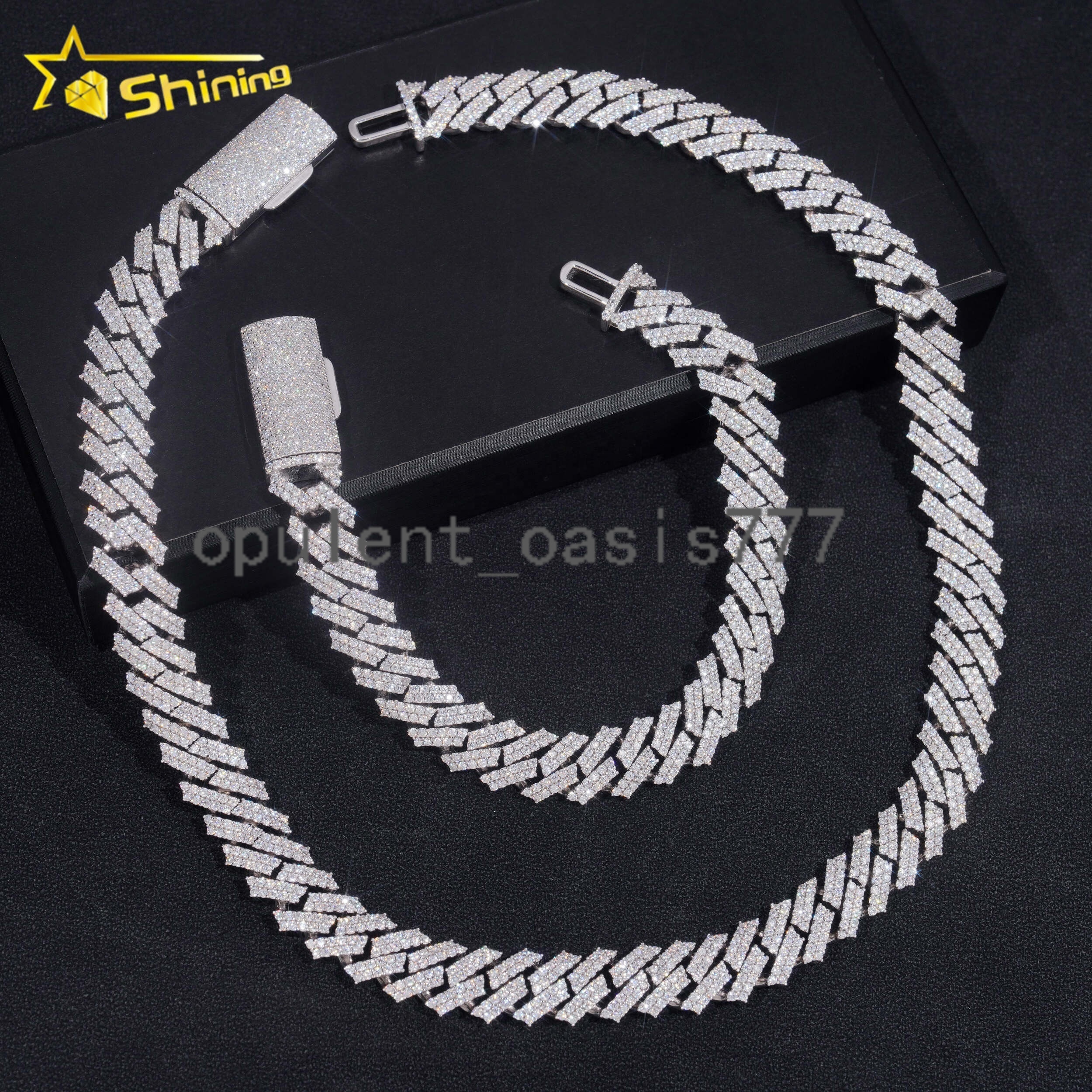 Pass Diamond Tester Hip Hop 925 Silver Two Row Straight Edge 12MM Moissanite Cuban Link Chain