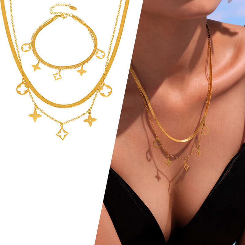 Women's Designer Necklace & Bracelet Set: Double-sided Hollow Flower Four-leaf Clover Pendant Double-layered Collarbone Chain Anklet, Daily Vinta