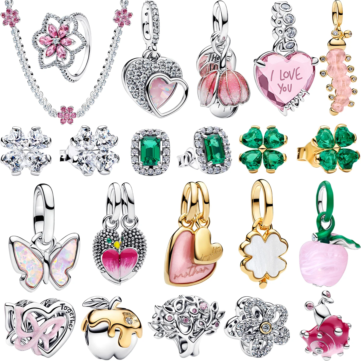 S925 Silver Emerald Gem Clover Earring Plated Floral Ring Pendent Necklace Pink Apple Dog Snail Caterpillar Fruit Charms Jewelry - view 3