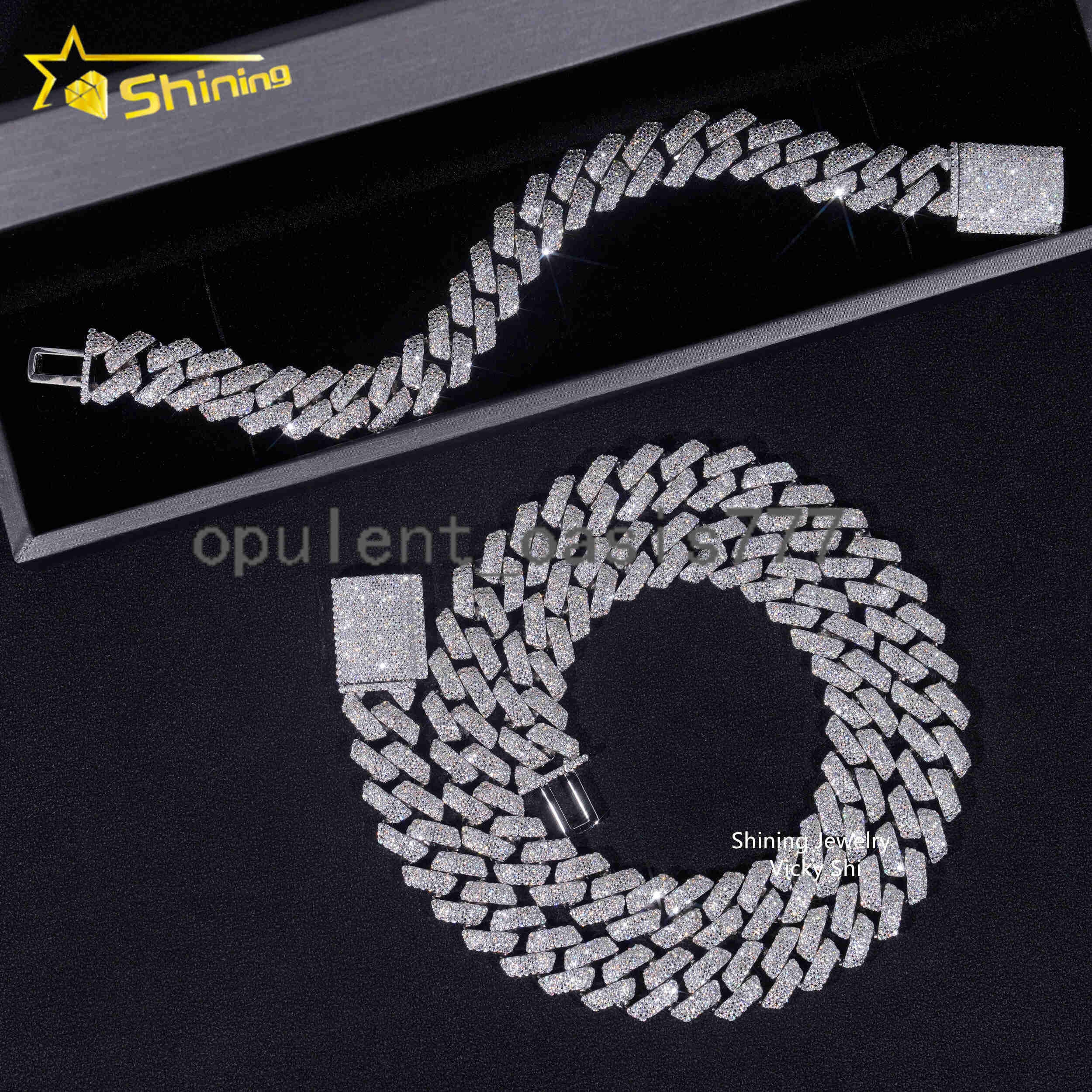 Hip Hop Jewelry Iced Out Cuban Link Chain 925 Sterling Silver 14MM 3 Rows VVS Moissanite Diamond Cuban Link Bracelet Necklace