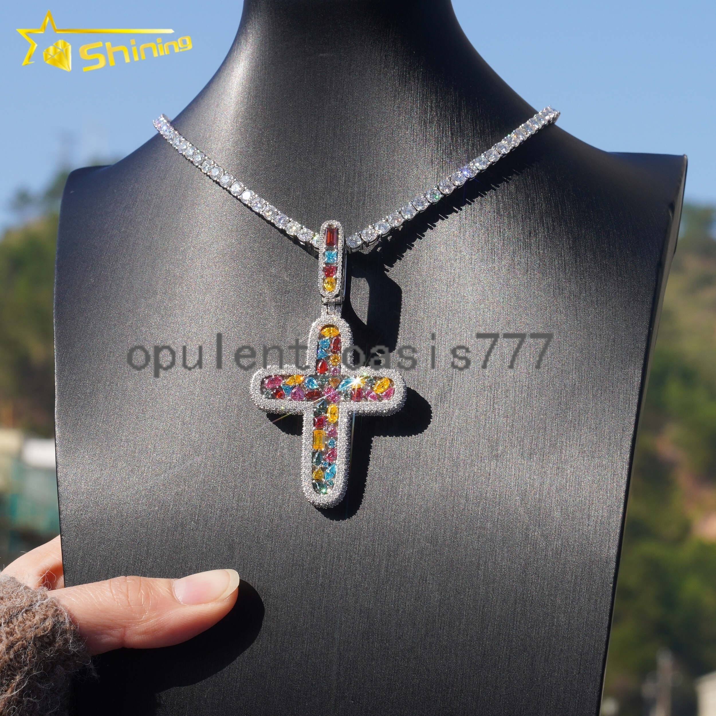 Fine Jewelry Hip Hop Jewelry Iced Out Mens Colorful 925 Sterling Silver Cross Moissanite Pendant