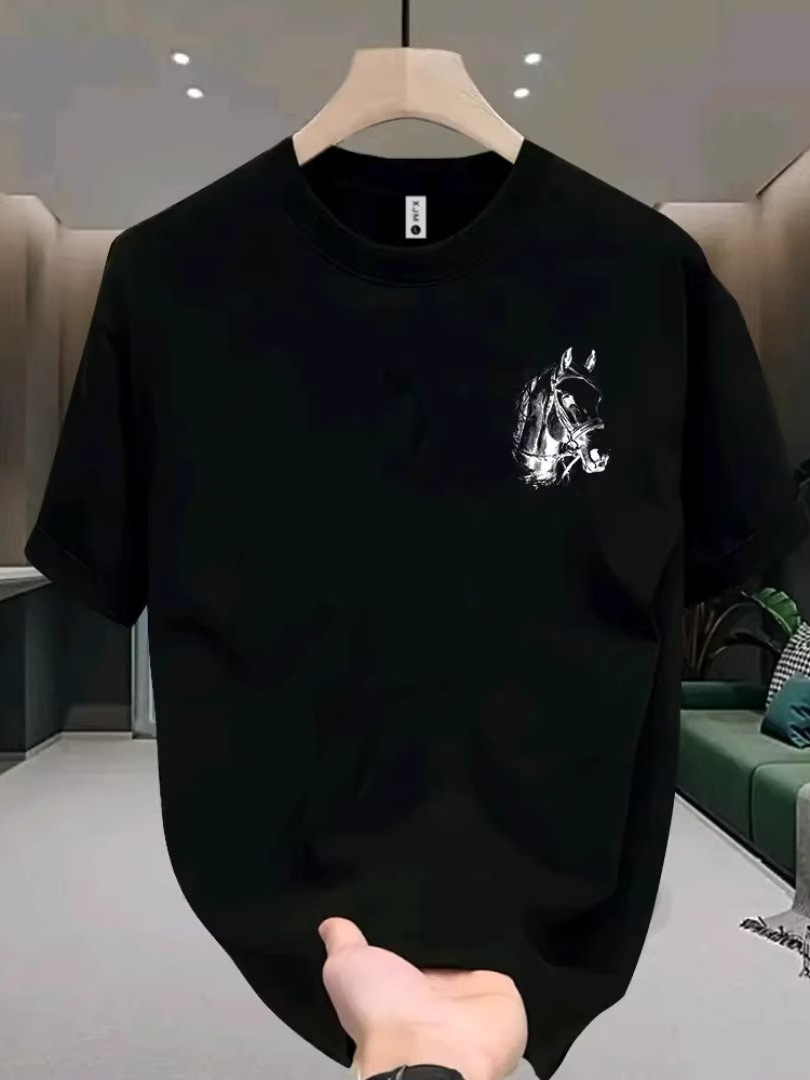 American Style Cool Heavyweight Cotton Short Sleeve T-Shirt 2026, Sketch Horse Design, Loose Versatile Trendy Tee for Teen Boys & Girls