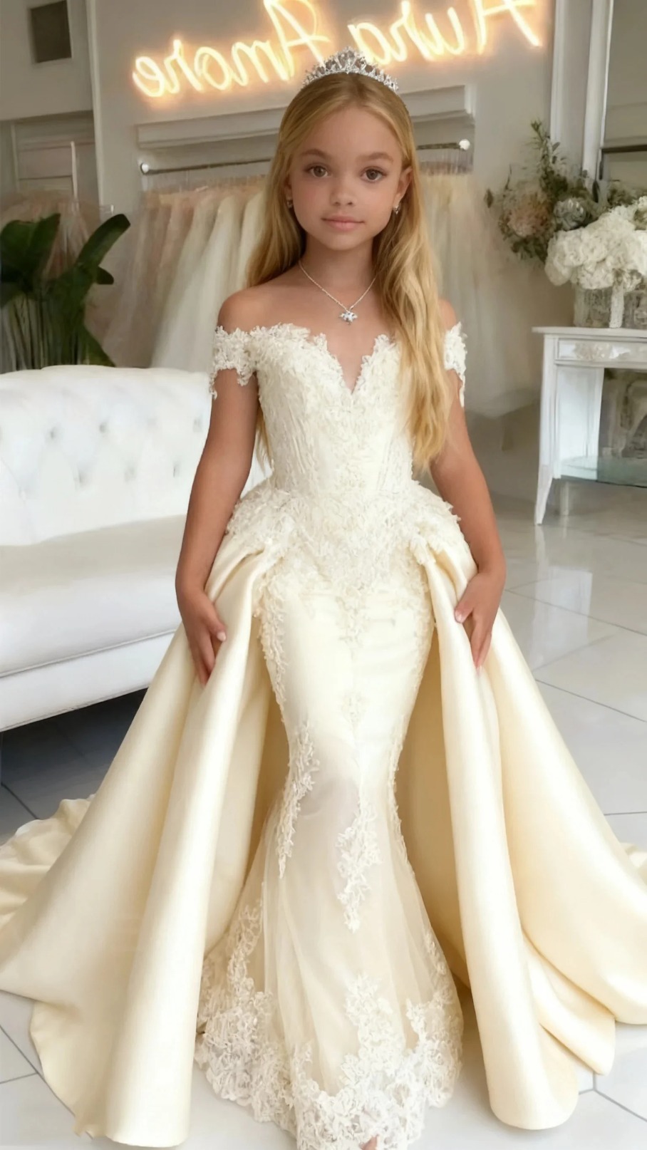 Elegant Satin Customized Flower Girl Lace Applique Mermaid Princess Skirts Pageant Dress High Low First Communion Gowns M30 ZD19