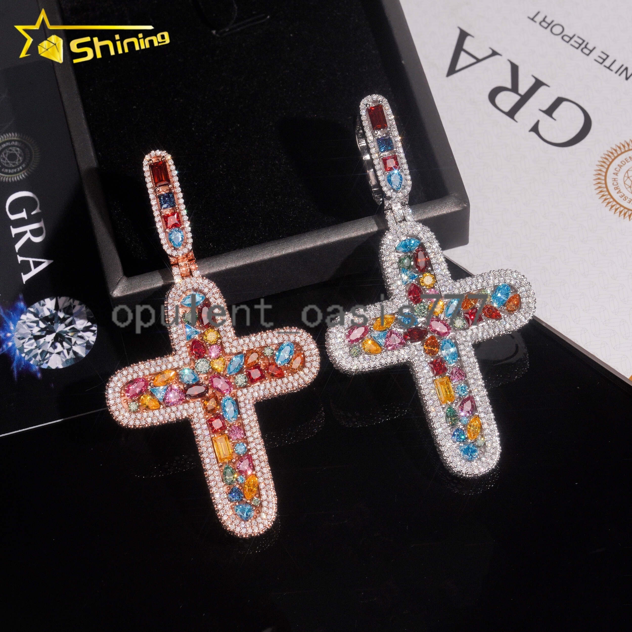 Fine Jewelry Hip Hop Jewelry Iced Out Mens Colorful 925 Sterling Silver Cross Moissanite Pendant