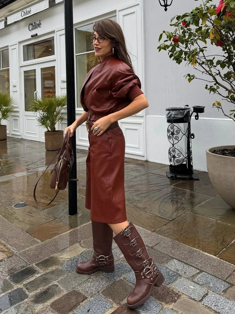 Spring Skirt Set Womens Faux Leather Bomber Jacket Two-Piece Set Padded Shoulder Top Mini SkirtShorts Woman Clothes Streetwear 260327