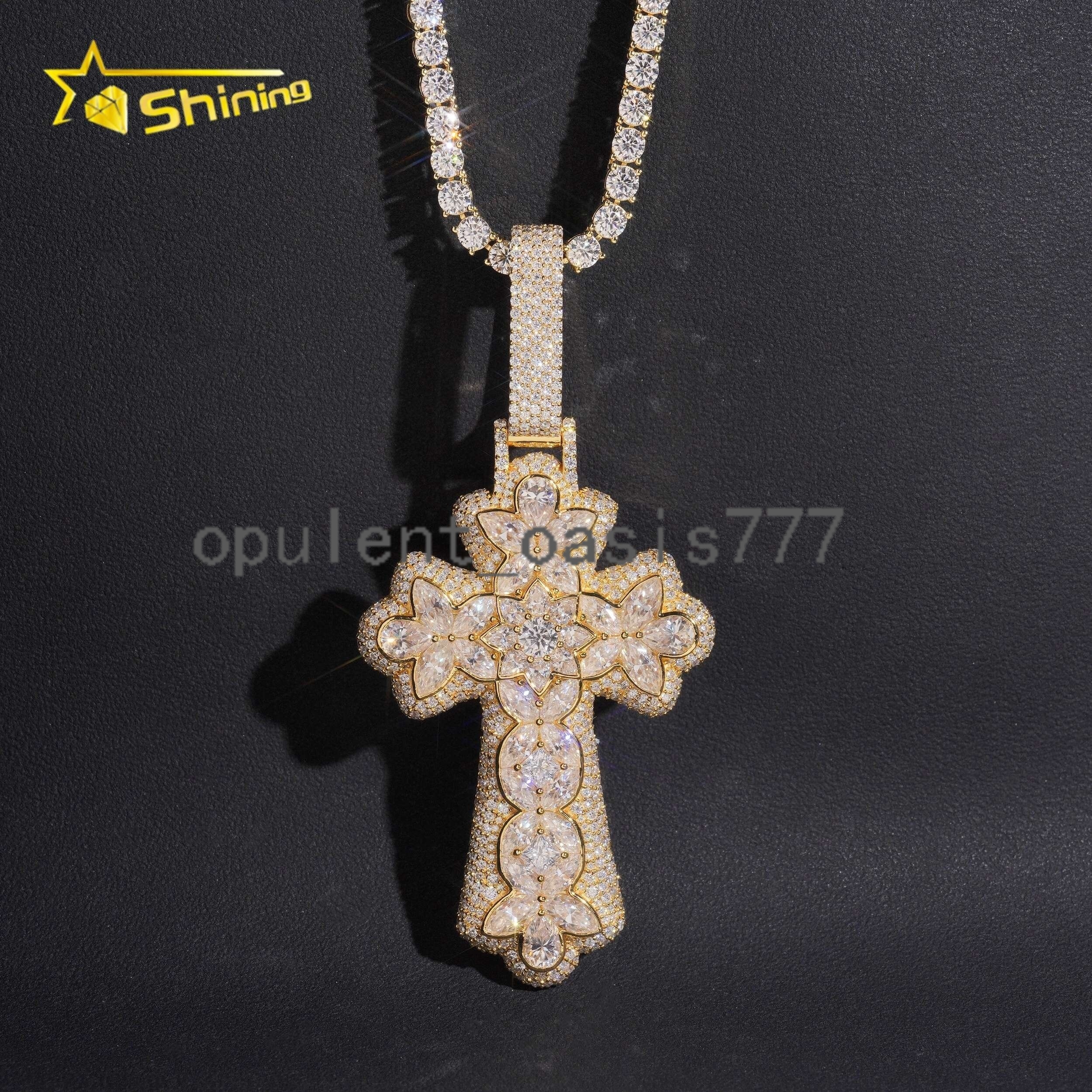 Rapper Jewelry 925 Sterling Silver Hip Hop Fancy Shape Iced Out 18k Gold Plated Moissanite Cross Pendant
