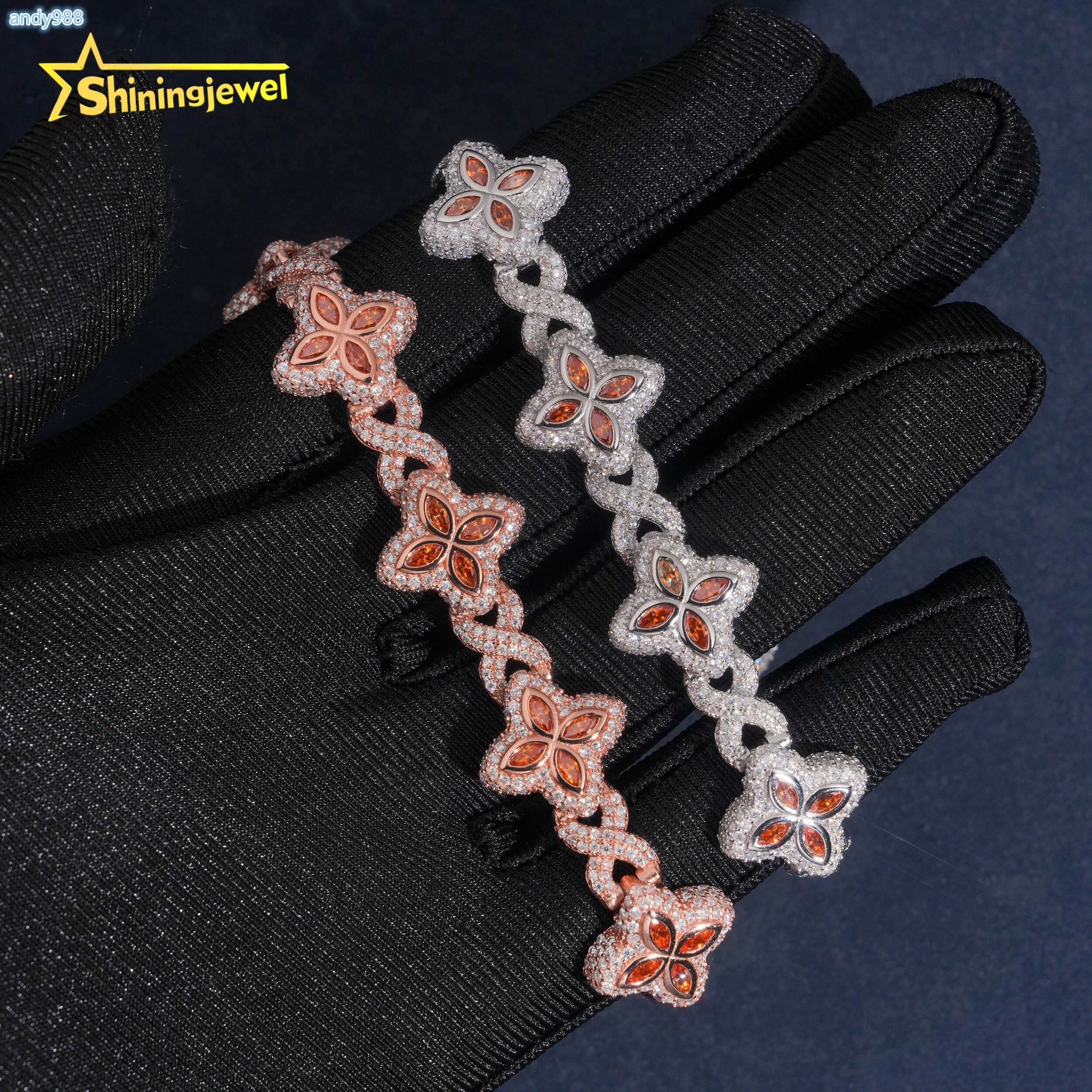 15MM 925 Silver Fanta Color Moissanite Four Leaf Clover Bracelet Hip Hop Jewelry Custom Iced Out Moissanite Cuban Bracelet