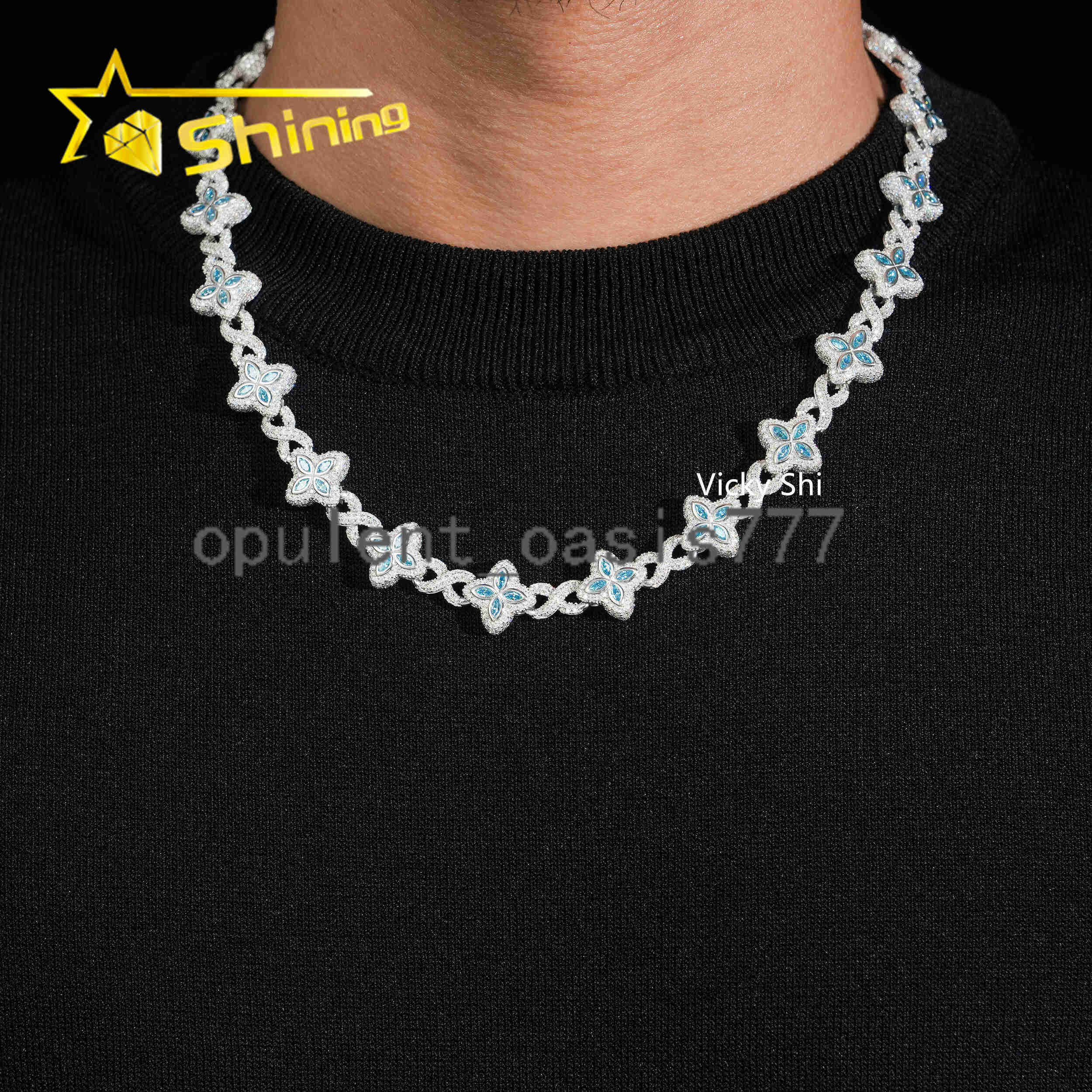 Popular Blue Color Clover Cuban Chain Moissanite Fine Jewelry Custom Iced Out 925 Silver Men Cuban Link Moissanite Necklace