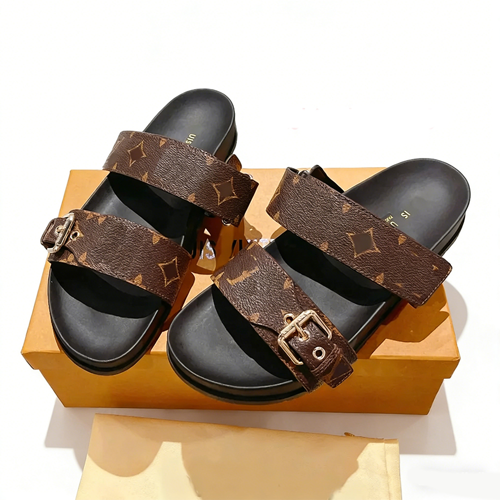 Designer sandals 1AAW8H Bom Dia Flat Comfort Mule beach shoes summer slippers leather canvas gold-tone buckle adjustable velcro strap high quality woman HS9311