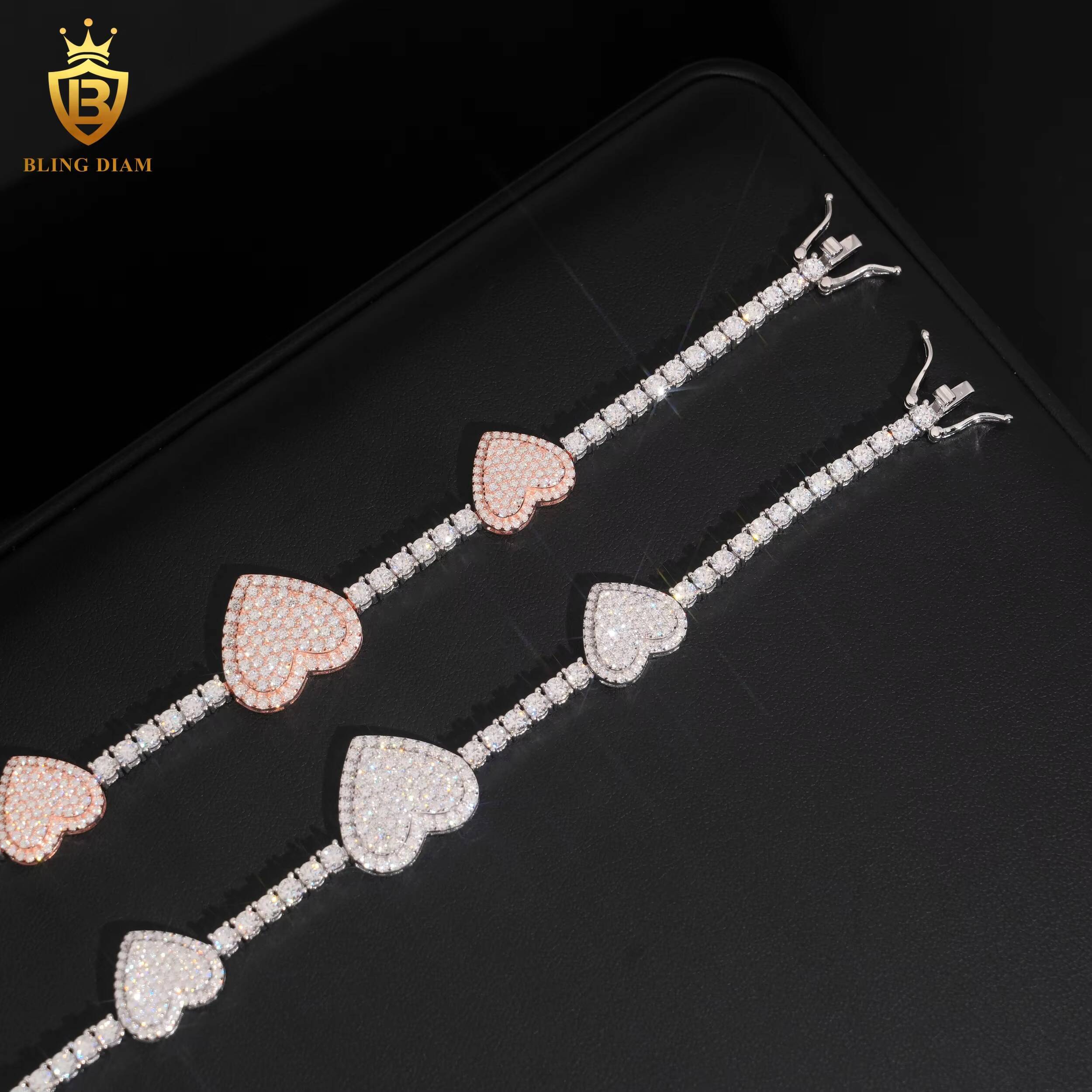 925 Sterling Silver Womens Bracelet Two Tones Heart Rhodium Plated GRA Certified Brilliant Cut Moissanite Fine Jewelry Bracelet