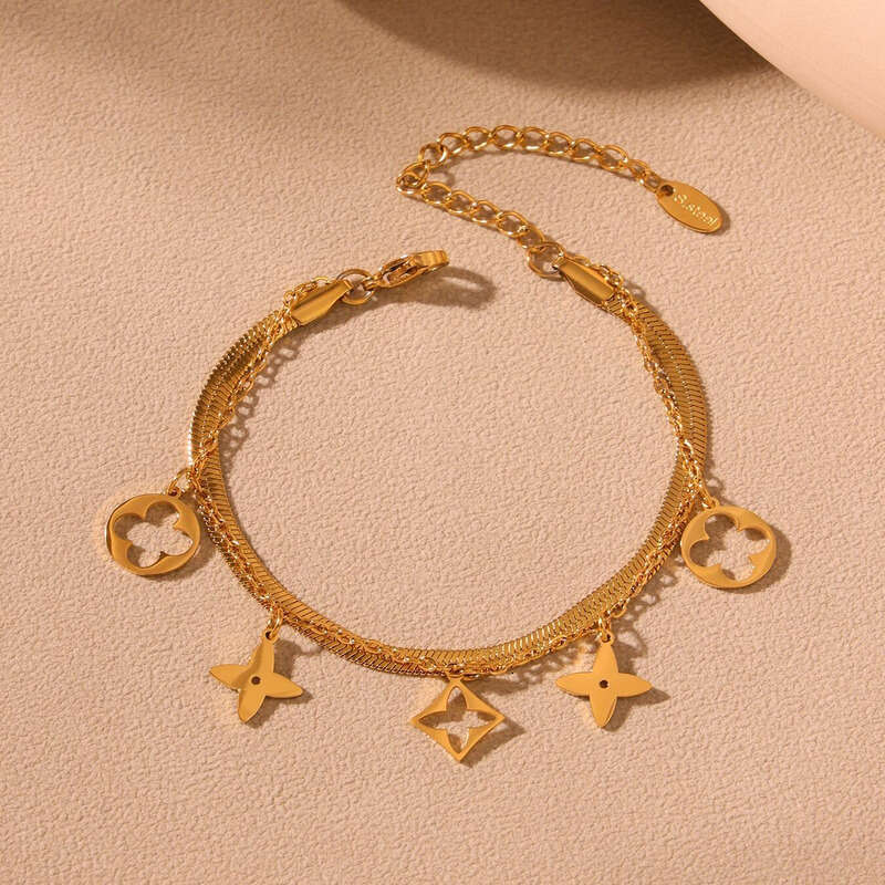 Women's Designer Necklace & Bracelet Set: Double-sided Hollow Flower Four-leaf Clover Pendant Double-layered Collarbone Chain Anklet, Daily Vinta