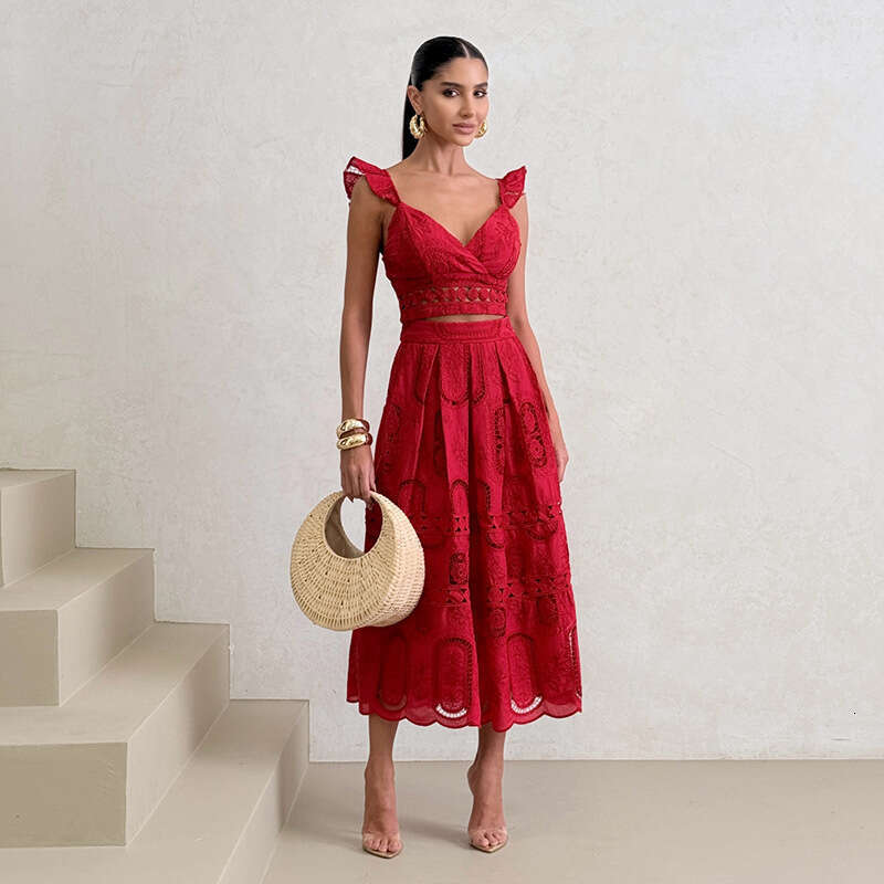 Beach vacation FC fashion casual wear 2026 new designer V-neck flowing sleeve short top+high waist k30 slim umbrella skirt