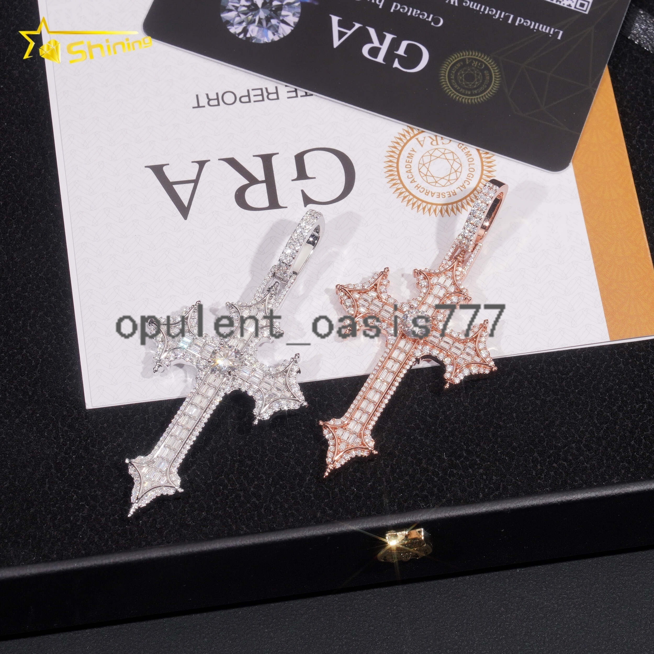 New Style Hip Hop Baguette Iced Out Pass Diamond Tester 925 Silver Cross Moissanite Pendant
