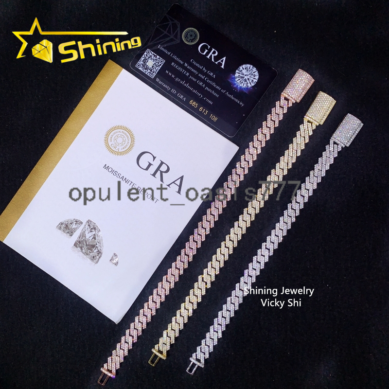 Hip Hop Jewelry Moissanite Cuban Bracelet 10MM 2 Rows 925 Sterling Silver Iced Out VVS Moissanite Miami Cuban Link Chain